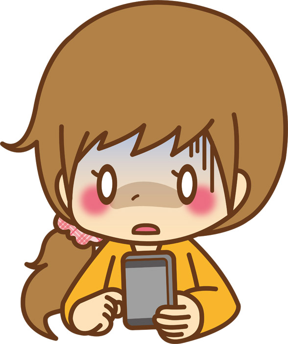 無料イラスト スマホの画面を見ながら不安になる女性 パブリック