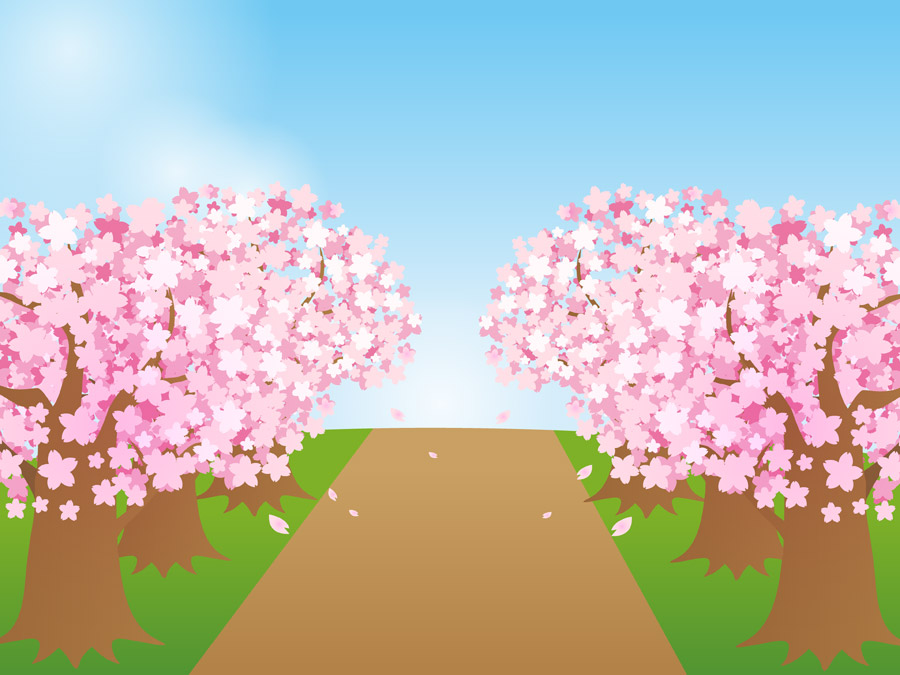 無料イラスト, ベクター, AI, 風景（イラスト）, 並木道, 花（イラスト）, 桜（サクラ）, 春（イラスト）, 樹木