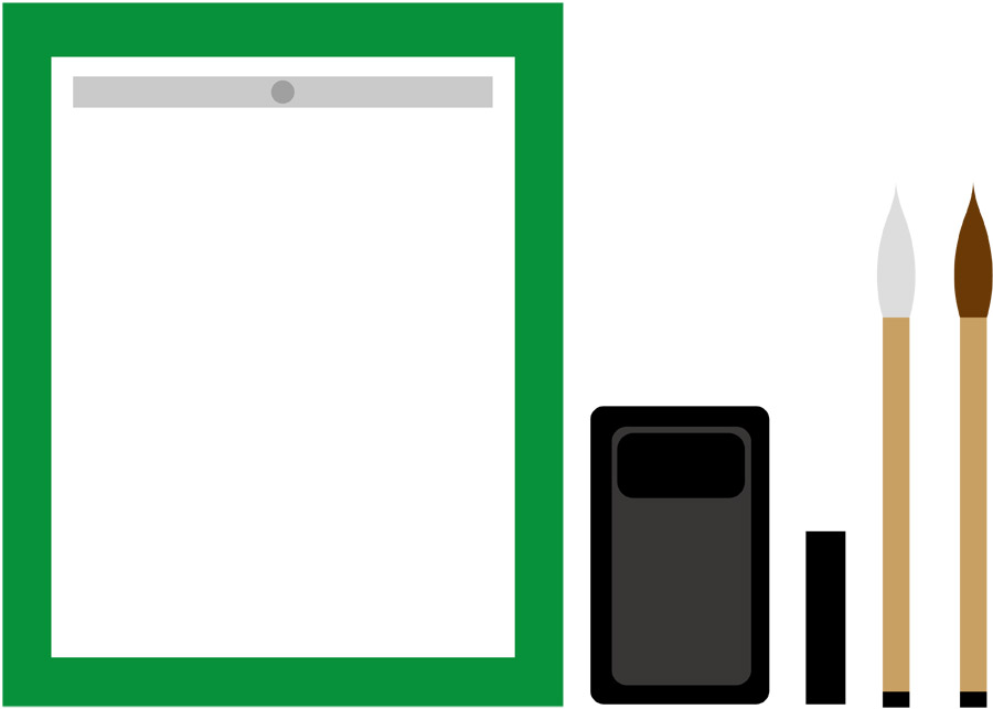 フリーイラスト, ベクター, AI, 書道, 習字, 筆, 硯, 文鎮, 紙（ペーパー）