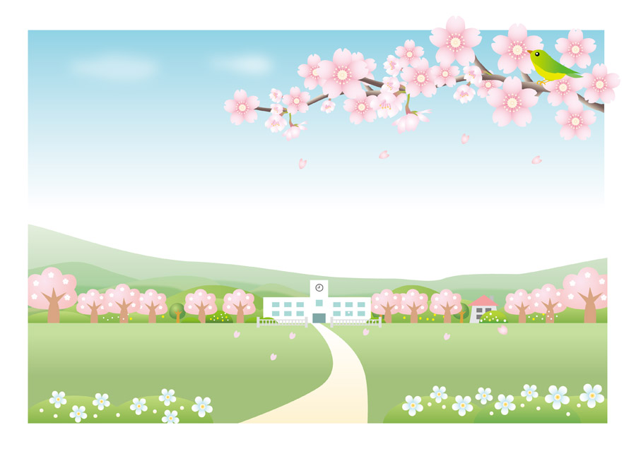 無料イラスト 学校と桜の花の春の風景 パブリックドメインq 著作権