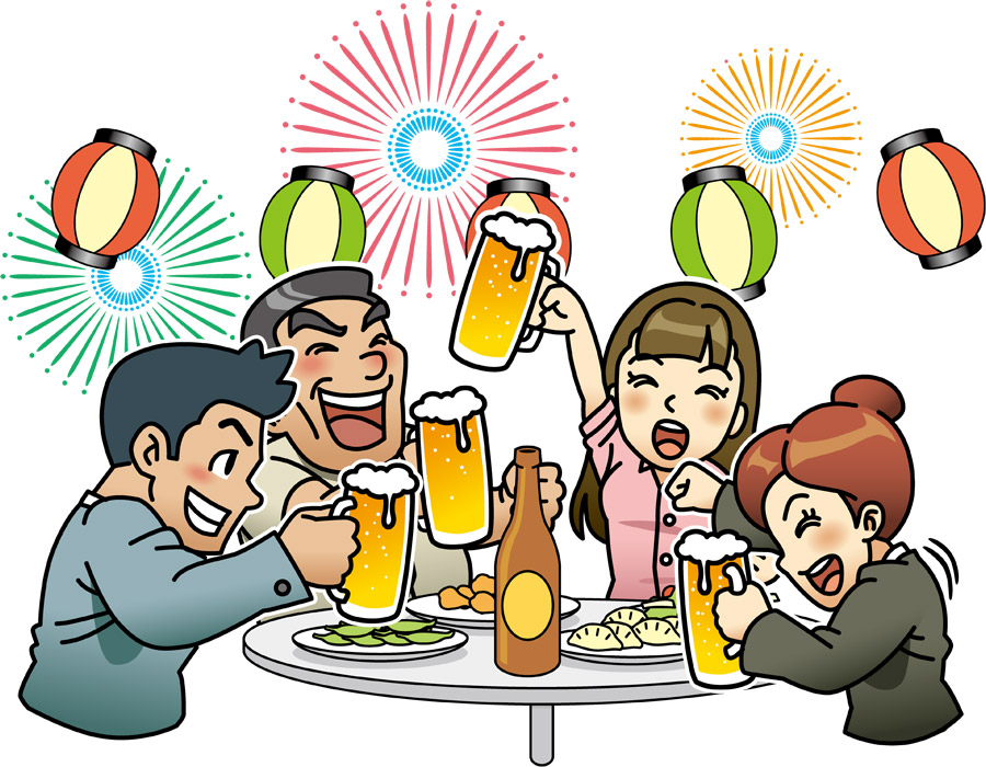 フリーイラスト, フリーイラスト, CC0 イラスト, ベクター, EPS, 人物（イラスト）, 集団（グループ）, ビアガーデン, 宴会, 飲み会, 仲間, 乾杯, ビール, 四人, 夏（イラスト）