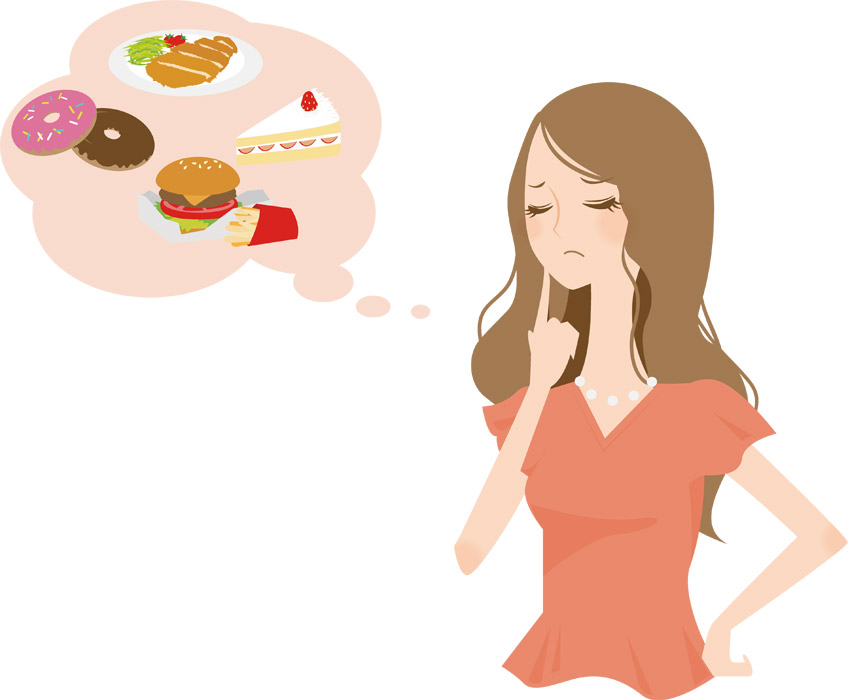 無料イラスト 食べ物の誘惑にかられるダイエット中の女性