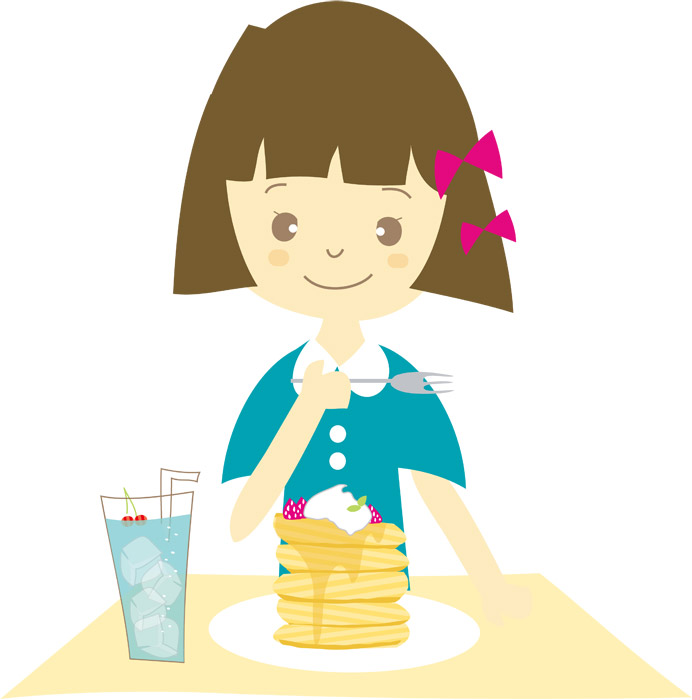 フリーイラスト, フリーイラスト, CC0 イラスト, ベクター, AI, 人物（イラスト）, 子供（イラスト）, 女の子, 食べる, 菓子, 洋菓子, パンケーキ, ホットケーキ, スイーツ