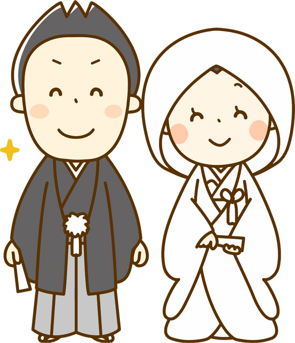 フリーイラスト 和装で結婚式を挙げる新郎新婦 パブリックドメインq