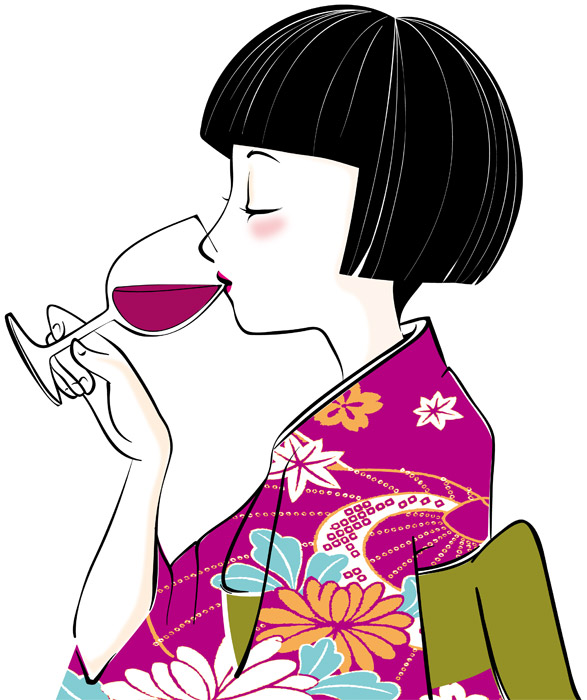 フリーイラスト 着物姿でワインを飲む女性 パブリックドメインq 著作権フリー画像素材集