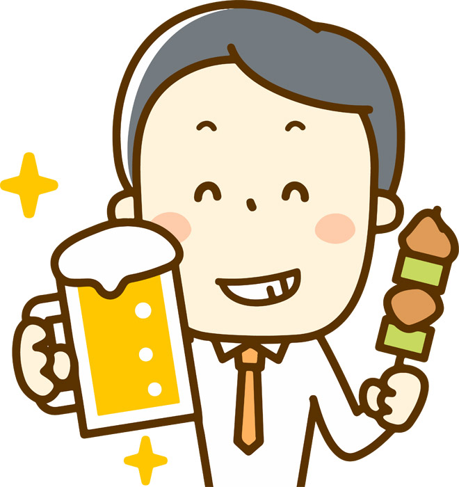 フリーイラスト 焼き鳥でビールを飲むサラリーマン パブリック