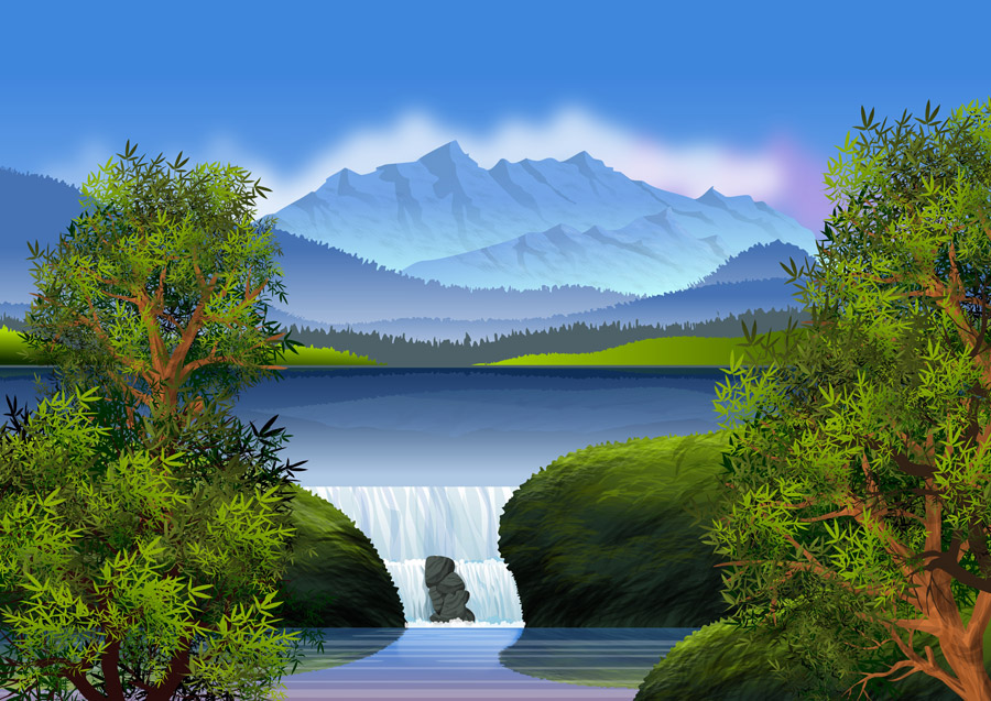 フリーイラスト, CC0 イラスト, 風景（イラスト）, 自然, 山, 滝, 湖