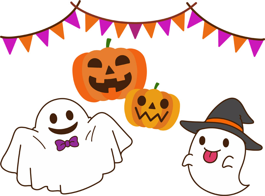 フリーイラスト お化けとジャックランタンがいるハロウィン背景