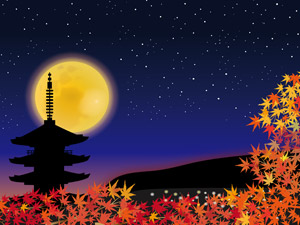 [無料イラスト] 紅葉と五重塔と満月と夜空の風景