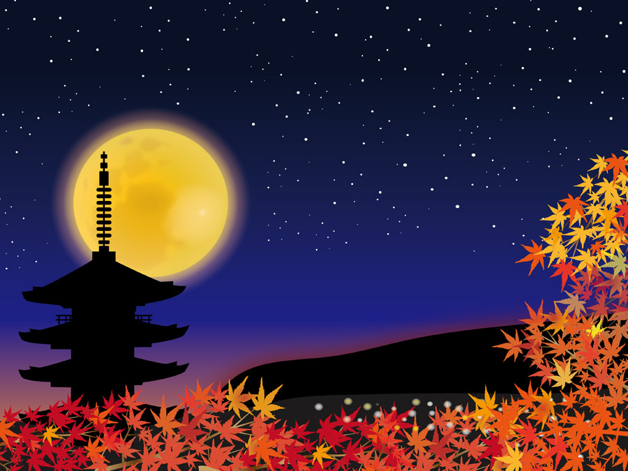 フリーイラスト 紅葉と五重塔と満月と夜空の風景 パブリック