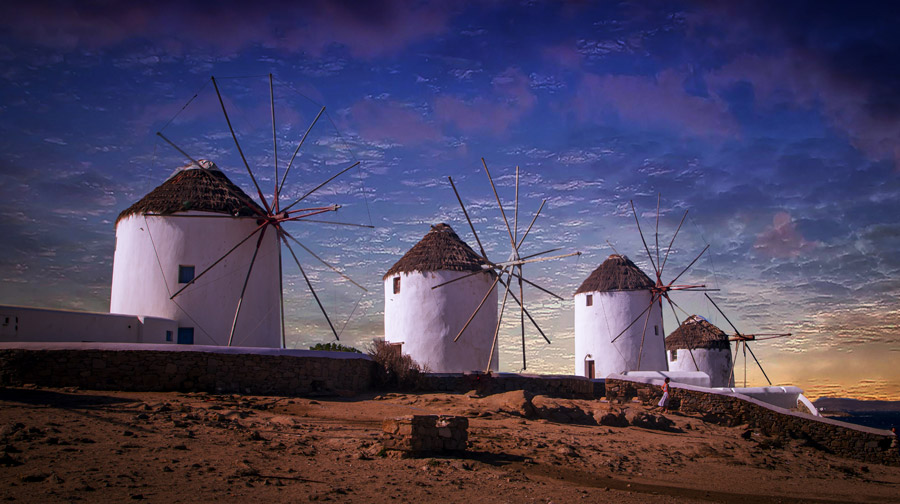 著作権フリー写真, 風景（写真）, 建築物（建物）, 風車, 夕方（夕暮れ）, ミコノス島, ギリシャ, ギリシャの観光地