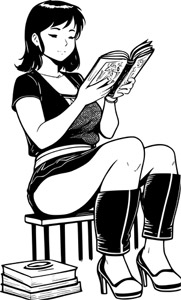 フリーイラスト 低いスツールに座って本を読んでいる女性