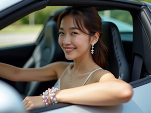 AI画像 左ハンドルの車に乗る若い日本人女性