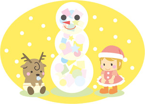 フリーイラスト 雪だるまと赤ちゃんトナカイとサンタ姿の女の子