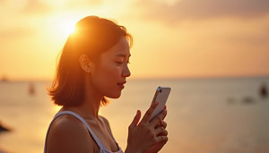 AI画像 夕日とスマホを見ている若いアジア人女性