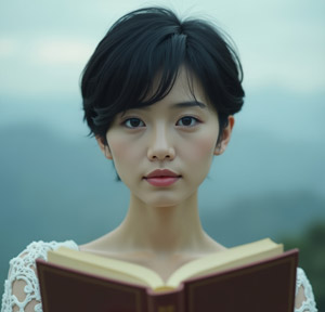 AI画像 開いた本を持つショートヘアのアジア人女性