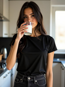 AI画像 キッチンで牛乳を飲む外国人女性