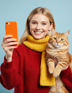 AI画像 猫を抱えながらスマホを持つ若い外国人女性