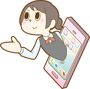 フリーイラスト スマホから飛び出てアドバイスする女性社員