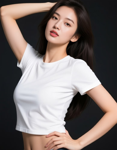 フリーAI画像, CC0 AI画像, 写真（AI画像）, 人物（AI画像）, 女性（AI画像）, アジア人女性, 若い女性, ポートレイト, Tシャツ姿, 腰に手を当てる