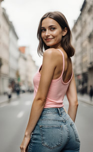 AI画像 後ろを振り返るキャミソールとジーンズ姿の外国人女性