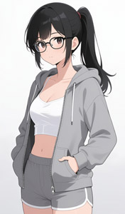 AI画像 パーカーとショートパンツ姿のポニーテールのメガネ女子