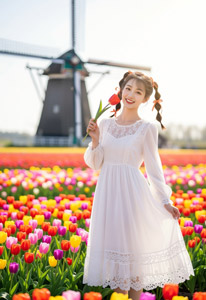 AI画像 チューリップ畑に立つアジア人女性