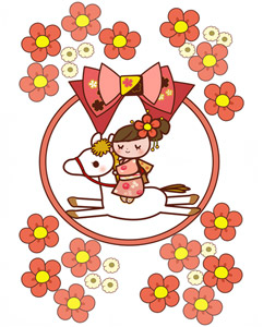 フリーイラスト 花と晴れ着姿で白馬に乗る女の子