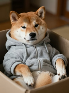 AI画像 パーカーを着て段ボールの中に入る柴犬