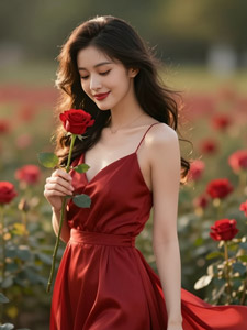 AI画像 バラを摘んだドレス姿のアジア人女性