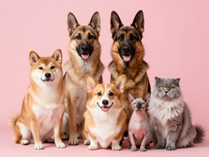 AI画像 ピンク色の背景と集まって座る犬と猫たち