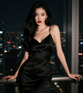 AI画像 黒色のドレスを着た夜の展望台に立つアジア人女性