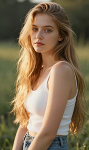 AI画像 白色のタンクトップを着たブロンドヘアの外国人女性