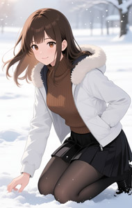 AI画像 雪の上で両膝をついてしゃがむ少女