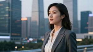 AI画像 ビル街に立つビジネスウーマン