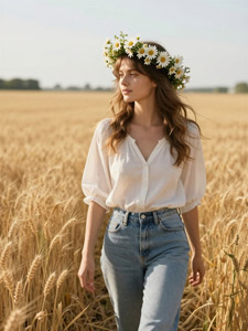 AI画像 花冠を被って麦畑を歩く外国人女性