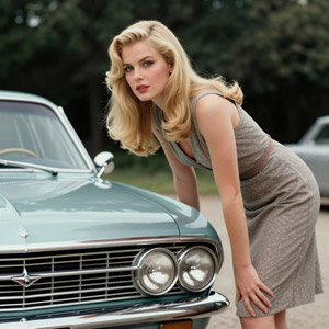 AI画像 クラシックカーの側で屈む外国人女性