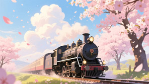 AI画像 桜並木を走る蒸気機関車