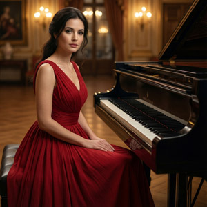 AI画像 ドレス姿でピアノの前に座る女性ピアニスト