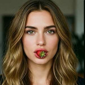 AI画像 イチゴを咥えた外国人女性