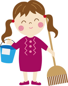 フリーイラスト 掃除するためにバケツと箒を持つ女の子