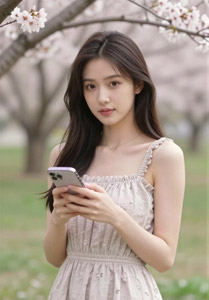 AI画像 桜の下でスマホ持つアジア人女性