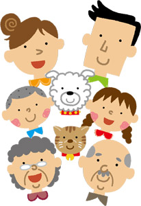 フリーイラスト ペットと三世代家族