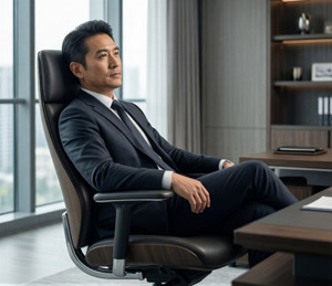 AI画像 足を組んでオフィスチェアに座るビジネスマンの男性