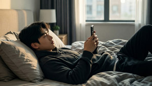 AI画像 ベッドに寝転がってスマホを見ている若いアジア人男性