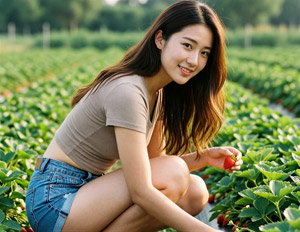 AI画像 イチゴ狩りのアジア人女性