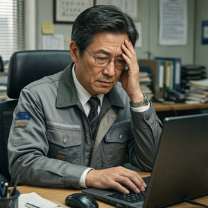 AI画像 パソコンの画面を見て険しい表情の中小企業の社長