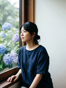 AI画像 紫陽花の花畑と窓辺に座るアジア人女性