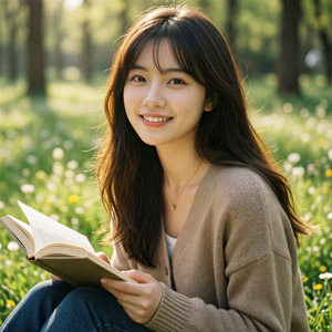 AI画像 森で本を読む若いアジア人女性