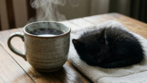 AI画像 コーヒーの側で眠る子猫